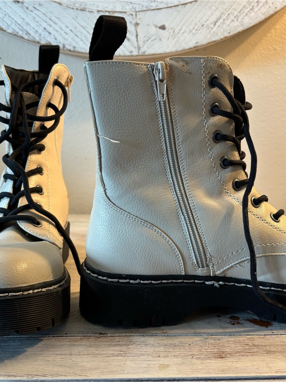 Sincerely Jules Cream Lace-Up Combat Boots with Side Zip